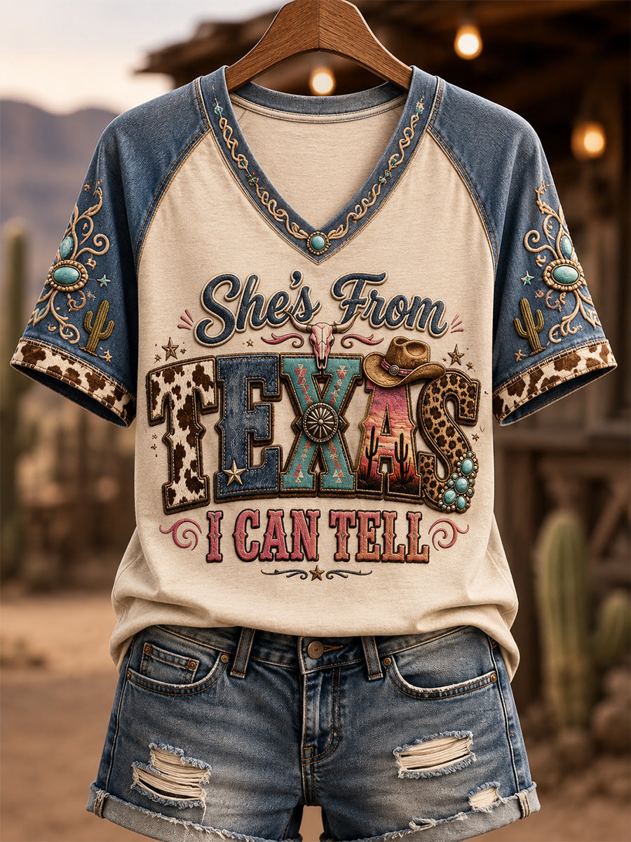 Women's She's From Texas I Can Tell Print Casual V-Neck Tee gracestitchs