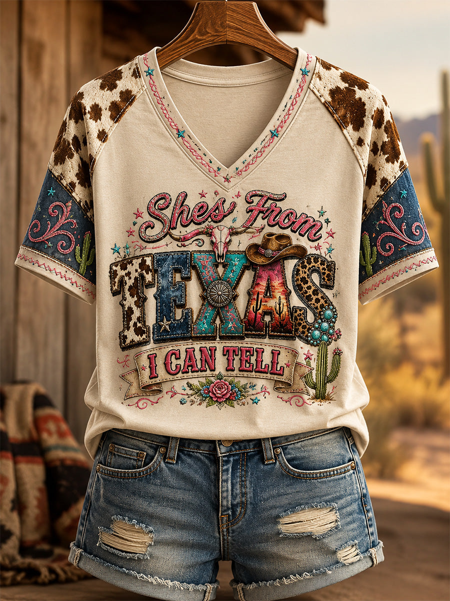 Women's She's From Texas I Can Tell Print Casual V-Neck Tee gracestitchs