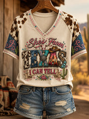 Women's She's From Texas I Can Tell Print Casual V-Neck Tee gracestitchs