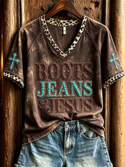 Women's Vintage Boots Jeans & Jesus Western Cross Leopard Print short-sleeved T-shirt
