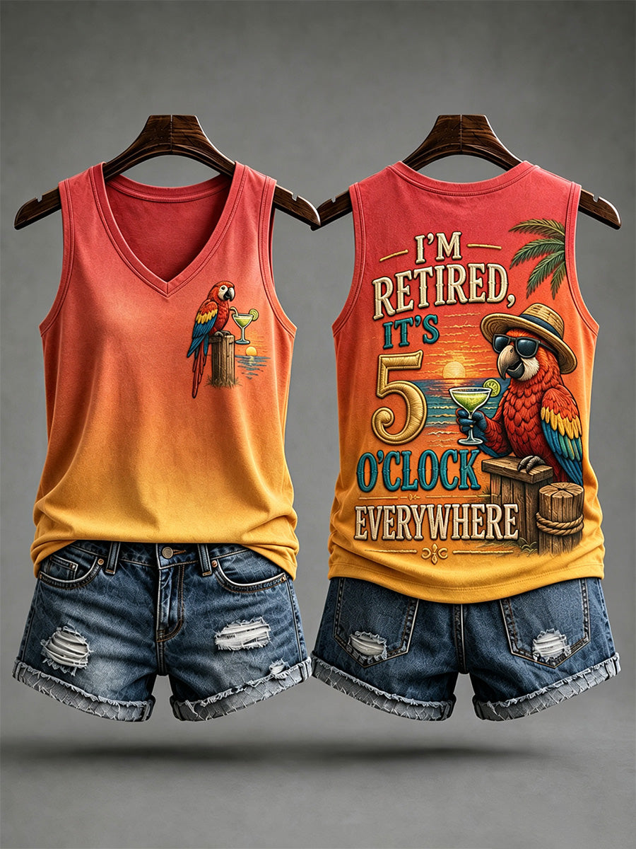 Women's I'm Retired It's 5 O'clock Everywhere Parrot Print Casual V-Neck Vest gracestitchs