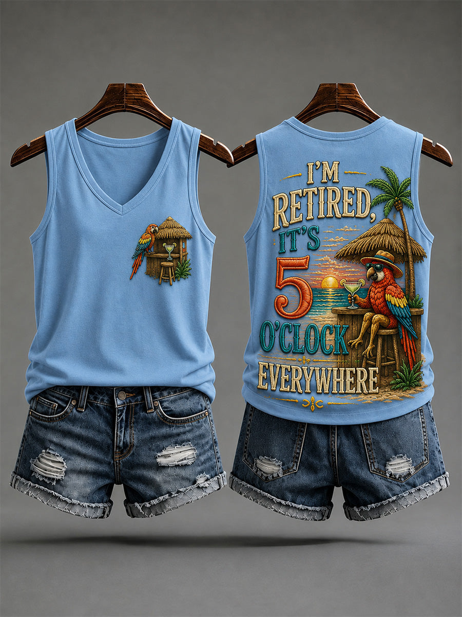 Women's I'm Retired It's 5 O'clock Everywhere Parrot Print Casual V-Neck Vest gracestitchs
