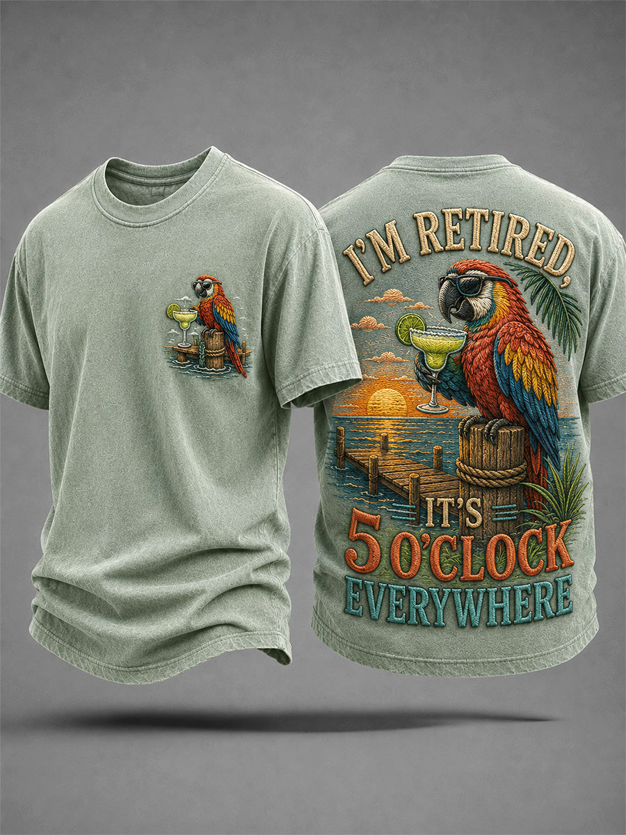 Men's I'm Retired It's 5 O'clock Everywhere Parrot Print Casual Tee gracestitchs