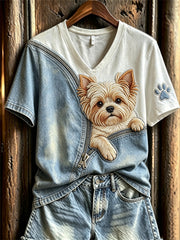 Women's Peeking Yorkshire Terrier Dog Unzipped Denim Print short-sleeved T-shirt gracestitchs
