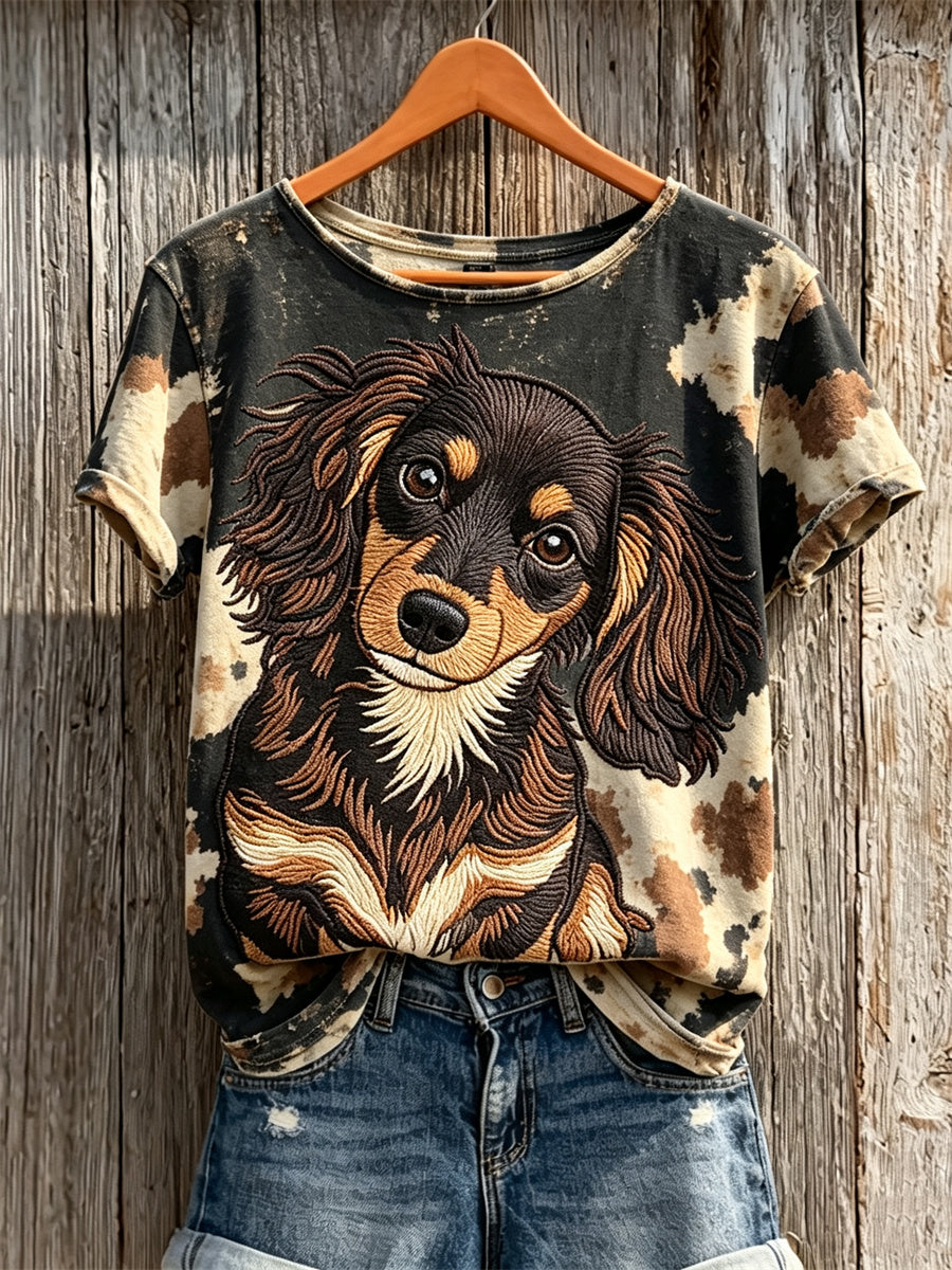 Women's Long-haired dachshund Dog & Dog Coat Pattern Print short-sleeved T-shirt gracestitchs