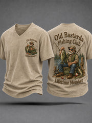 Men's Funny Old Bastards Fishing Club Lifetime Member Print Casual V-Neck Tee gracestitchs
