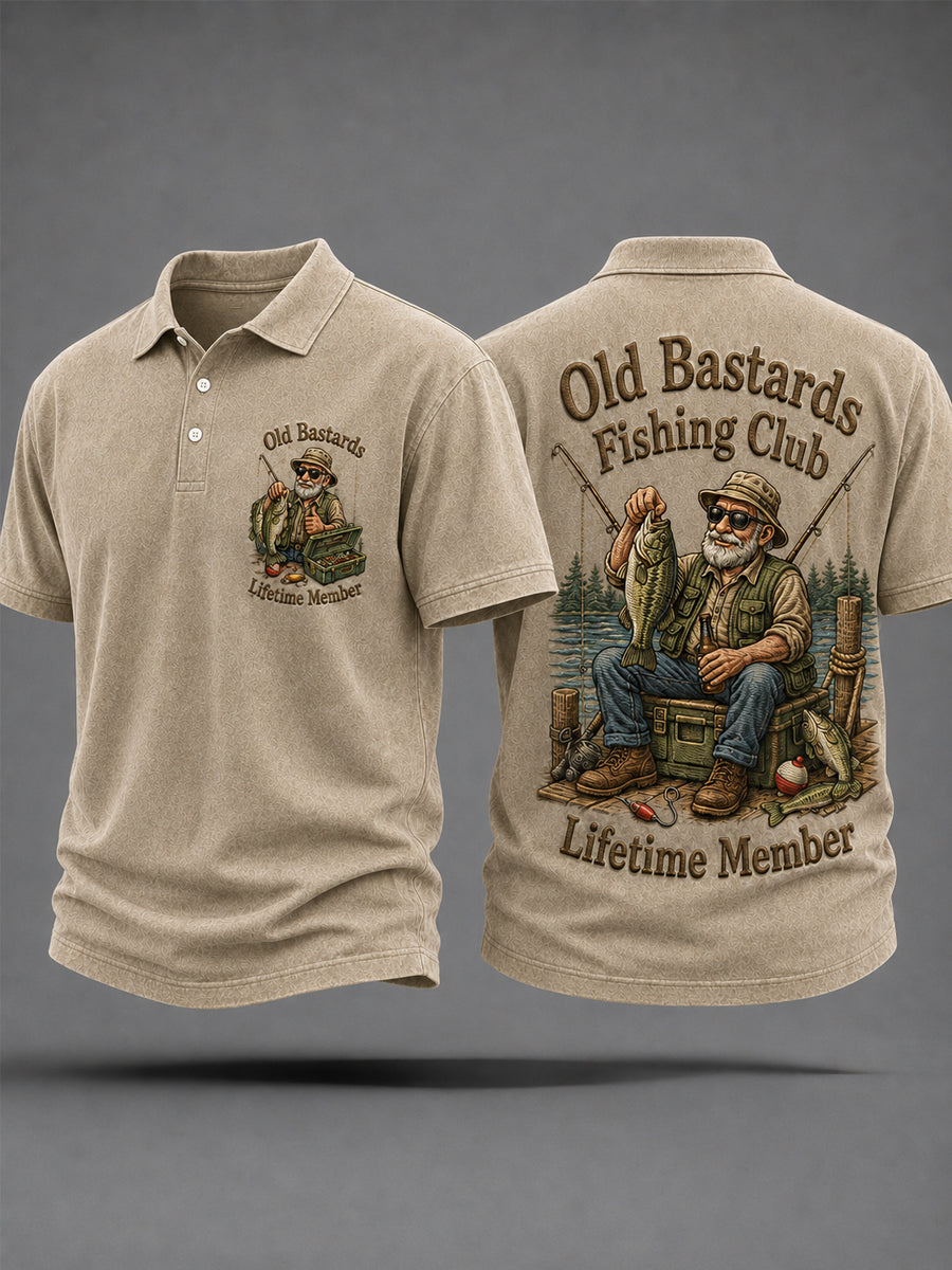 Men's Funny Old Bastards Fishing Club Lifetime Member Print Casual Polo Shirt gracestitchs