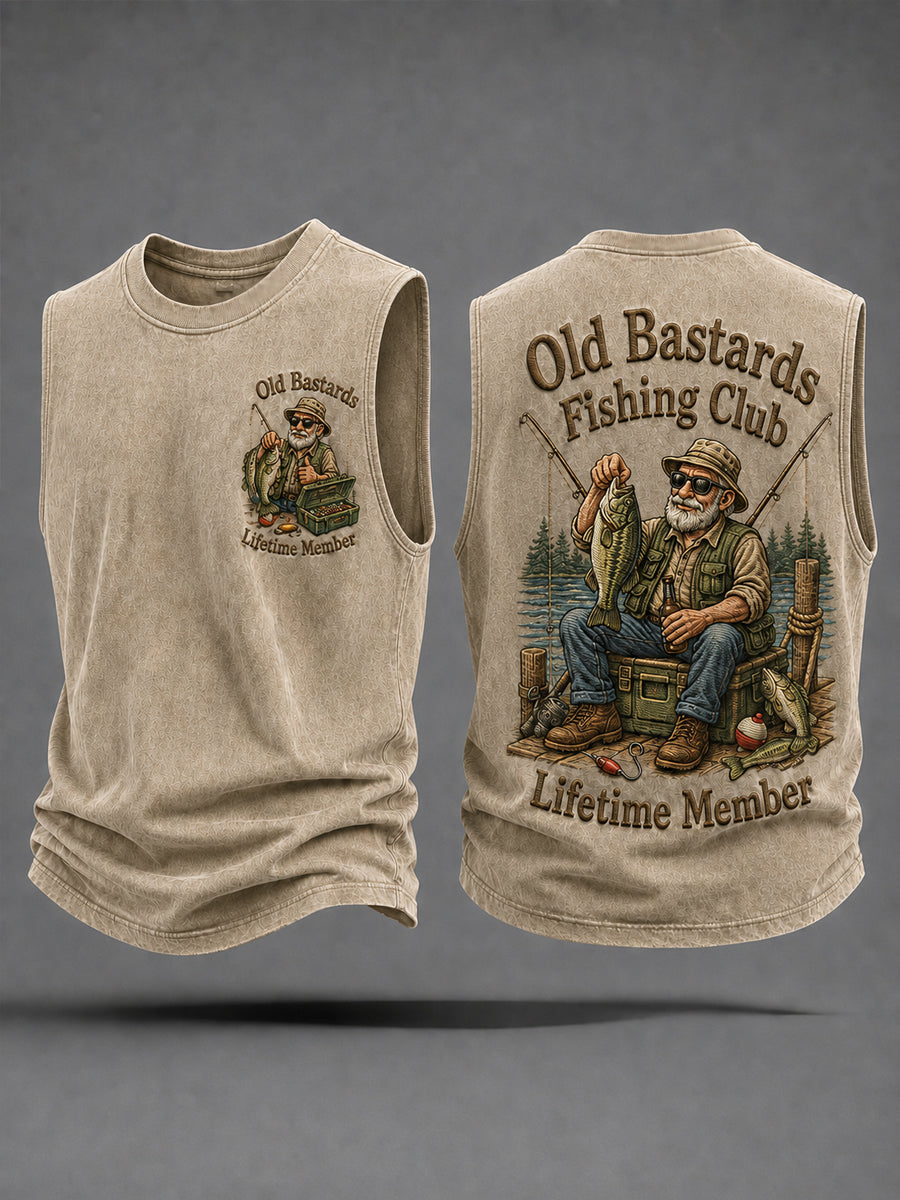 Men's Funny Old Bastards Fishing Club Lifetime Member Print Casual Tank Top gracestitchs
