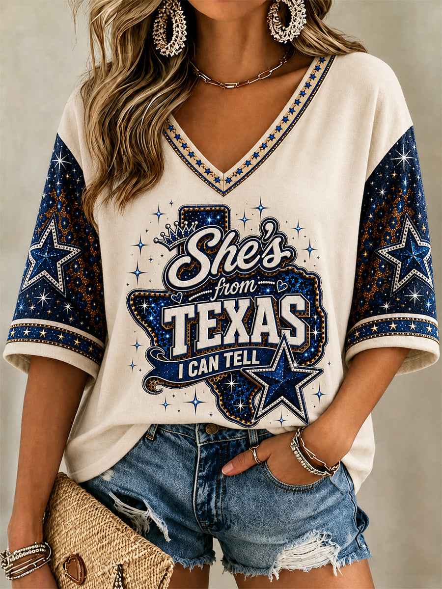 Women's She's From Texas I Can Tell Print Casual V-Neck Tee