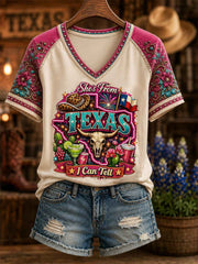 Women's She's From Texas I Can Tell Print Casual V-Neck Tee
