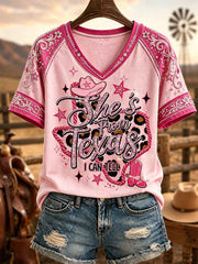Women's She's From Texas I Can Tell Print Casual V-Neck Tee