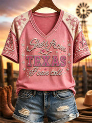 Women's She's From Texas I Can Tell Print Casual V-Neck Tee