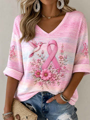 Women's Pink Floral & Hummingbird Print Breast Cancer Awareness Support Half-Sleeves V-Neck T-Shirt