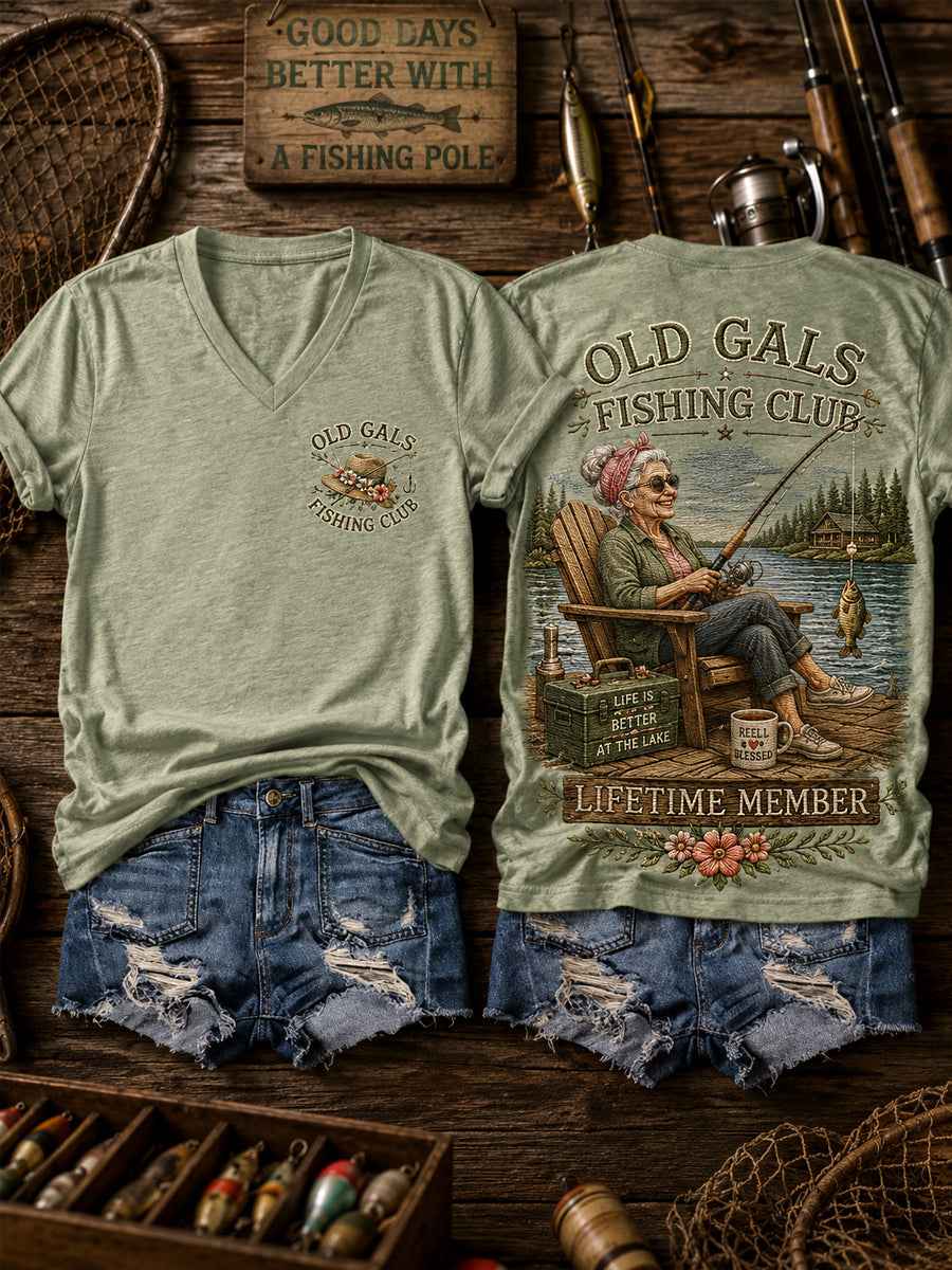 Women's Funny Old Gals Fishing Club Lifetime Member Print Casual V-Neck Tee