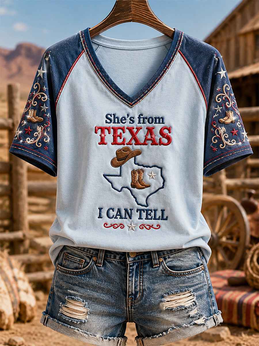 Women's She's From Texas I Can Tell Print Casual V-Neck Tee