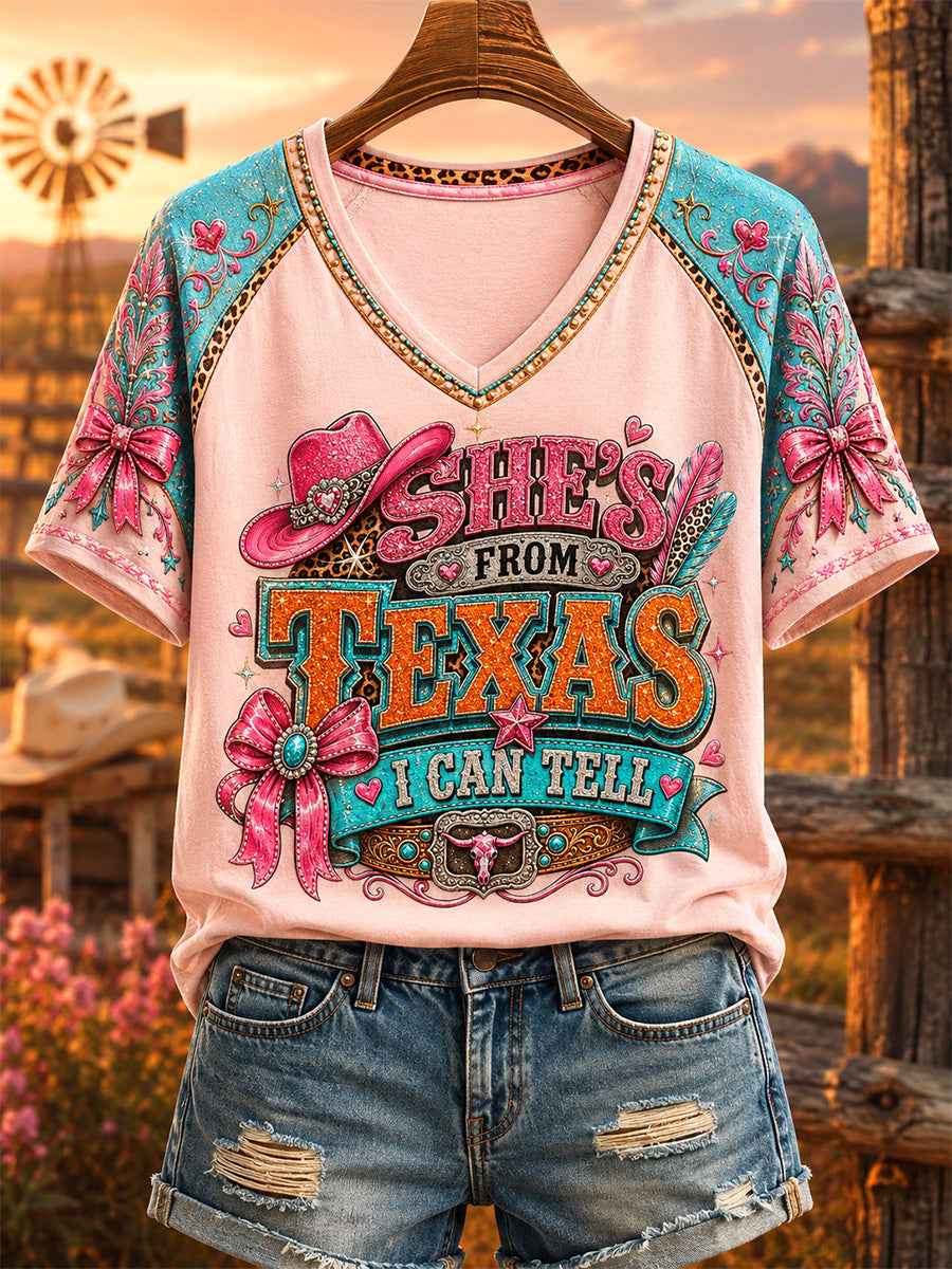 Women's She's From Texas I Can Tell Print Casual V-Neck Tee