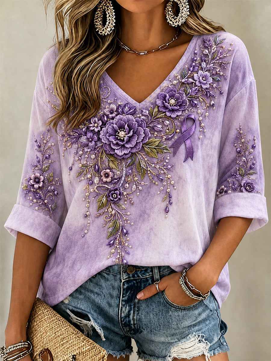 Women's Purple Floral Print Alzheimer's Awareness Support V-Neck Tee