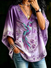 Women's Classy Hummingbird Purple Ribbon Floral Print V Neck Shirt
