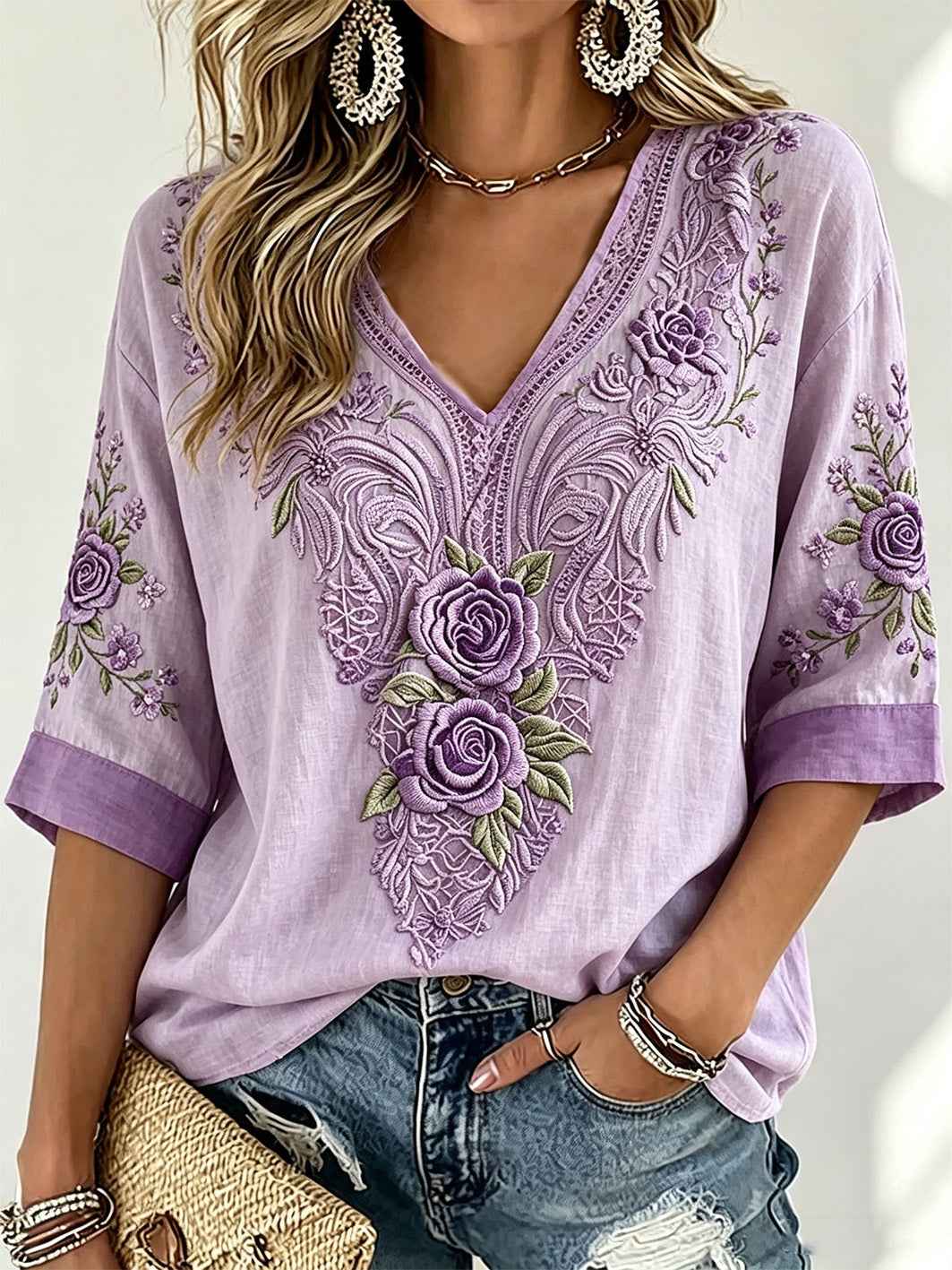 Women's purple floral print casual linen mid-length sleeves T-shirt