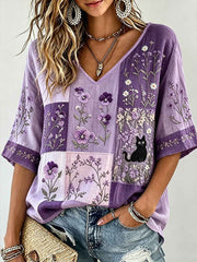 Women's purple floral print casual linen mid-length sleeves T-shirt