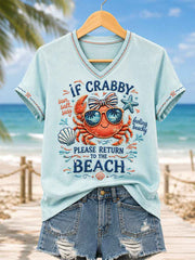 Women's If Crabby Please Return To The Beach Print Casual V-Neck Tee