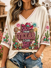 Women's She's From Texas I Can Tell Print Casual V-Neck Tee
