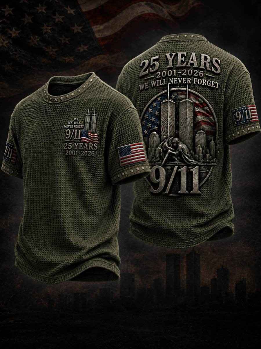 Men's WE WILL NEVER FORGET 9/11 25 YEARS 2001-2026 Waffle Tee
