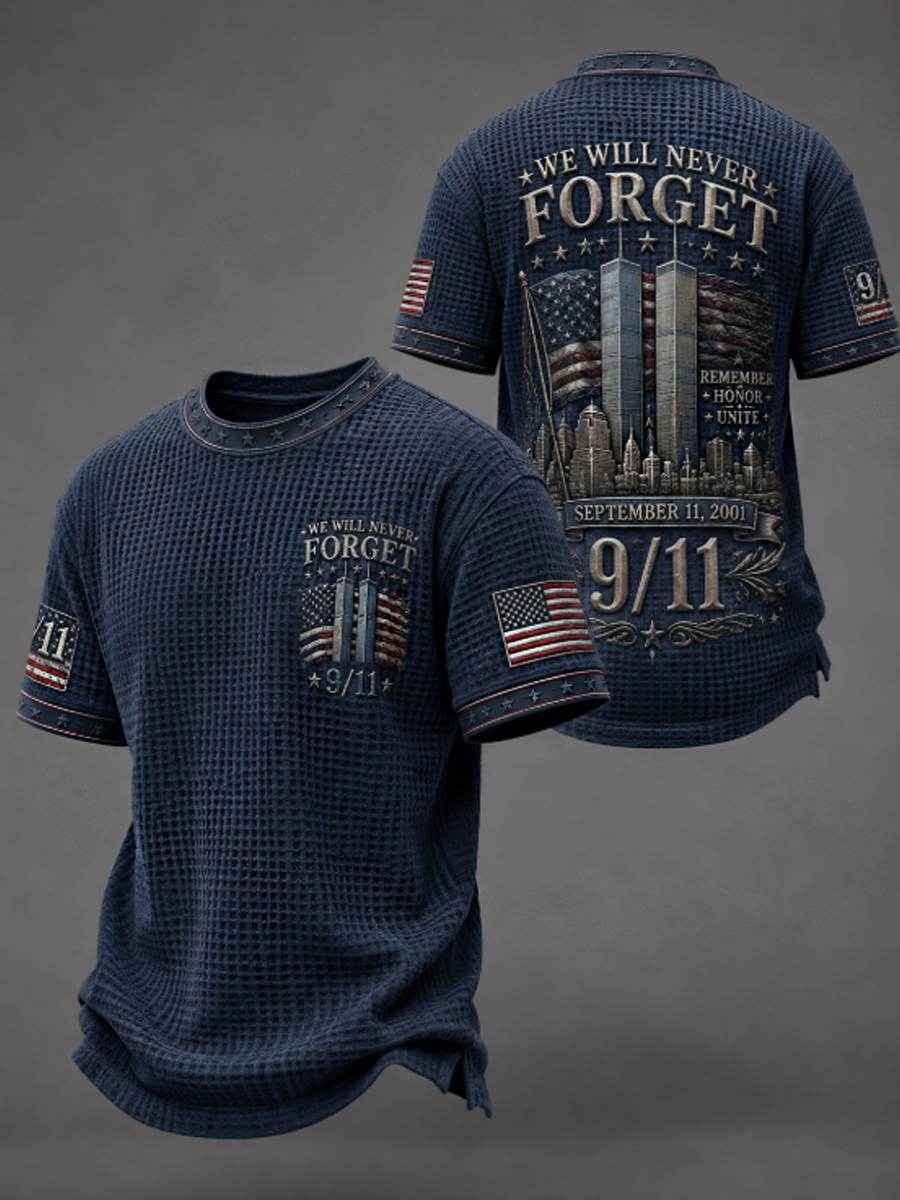 Men's WE WILL NEVER FORGET 9/11 25 YEARS 2001-2026 Waffle Tee