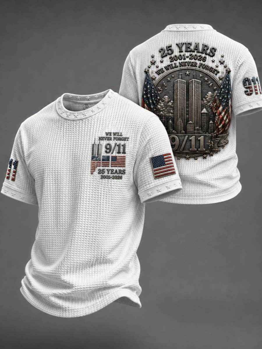 Men's WE WILL NEVER FORGET 9/11 25 YEARS 2001-2026 Waffle Tee