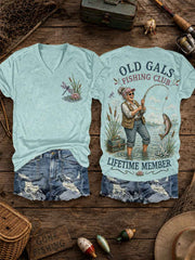 Women's Funny Old Gals Fishing Club Lifetime Member Print Casual V-Neck Tee