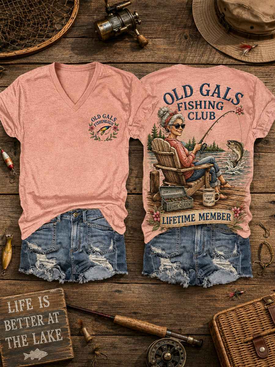 Women's Funny Old Gals Fishing Club Lifetime Member Print Casual V-Neck Tee