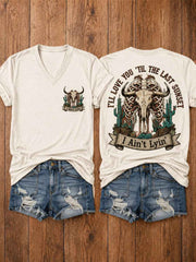 Women's Western I'll Love You 'Til My Lungs Give Out Country Music Print Casual V-Neck Tee