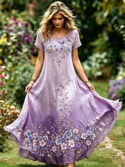 Women's Classy Humming Bird Purple Floral Art Print Gradient Flowy Maxi Dress