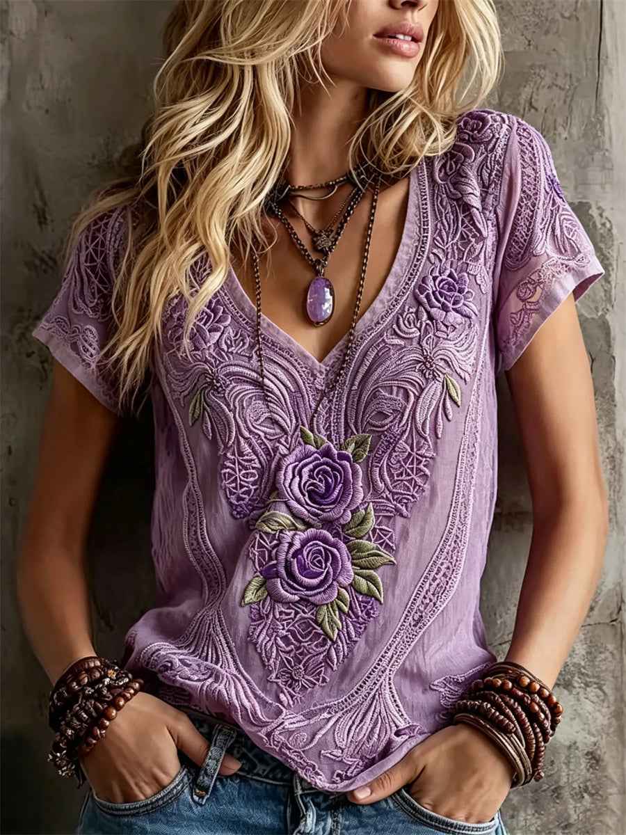 Women's Classy Purple Roses Lace Art Print linen short-sleeved T-shirt