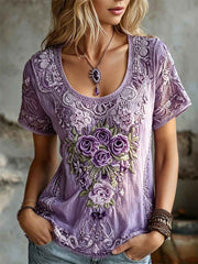 Women's Classy Purple Roses Floral Lace Art Print linen short-sleeved T-shirt