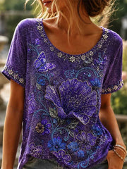 Women's Classy Butterfly Floral Print Linen Short-sleeved T-shirt