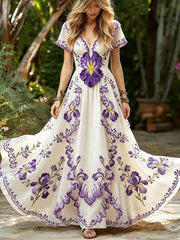 Women's Classy Purple Iris Boho Print Flowy Maxi Dress