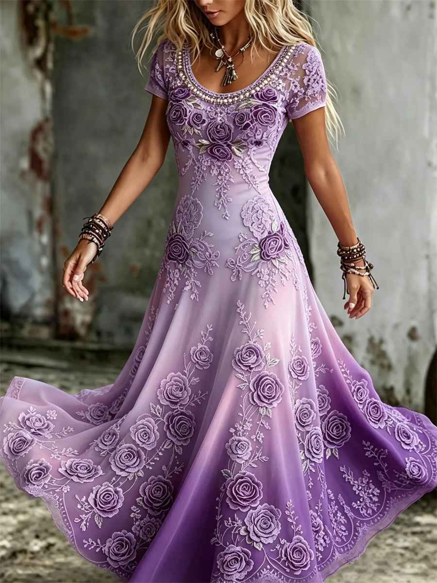 Women's Classy Purple Roses Lace Art Print Gradient Flowy Maxi Dress