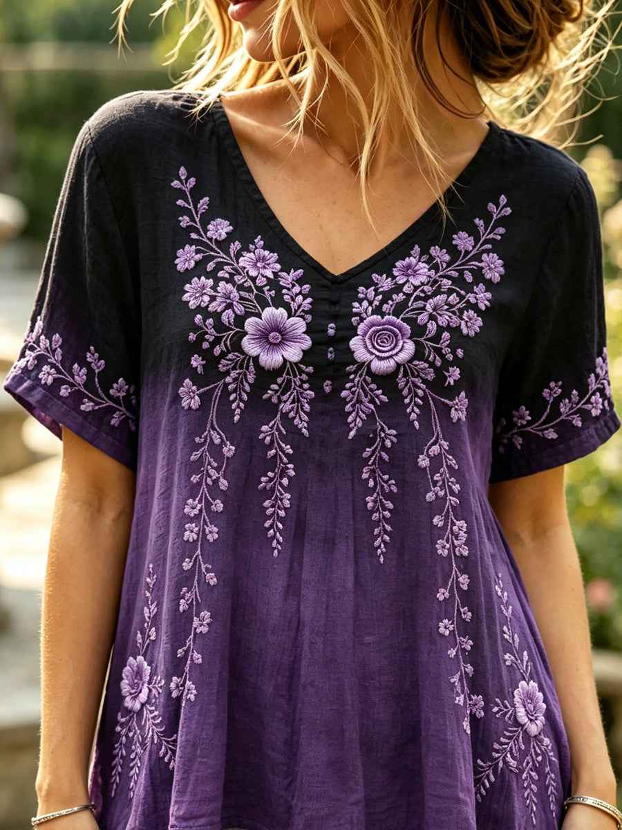 Women's Classy Floral Print Gradient Linen Short-sleeved T-shirt