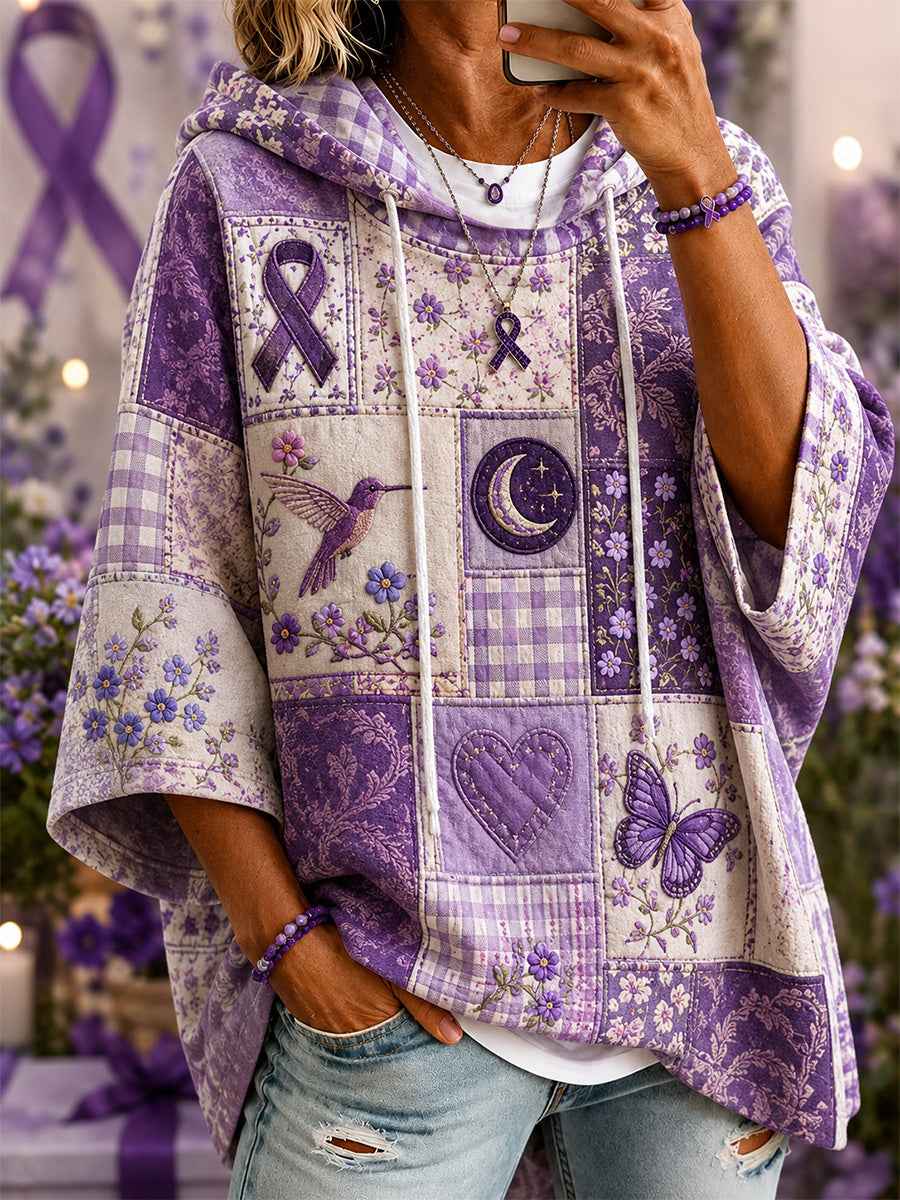 Women's Patchwork Purple Floral & Hummingbird & Butterfly Print Alzheimer's Awareness Support Casual Short-Sleeve Hoodie