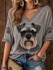 Women's Cute Miniature Schnauzer Art Mid-length Sleeves V-Neck T-Shirt