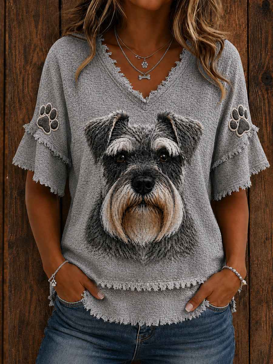Women's Cute Miniature Schnauzer Art Cotton-Linen Shirt