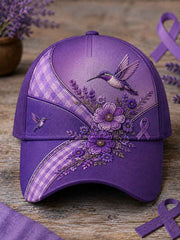 Unisex Patchwork Purple Floral & Hummingbird Print Alzheimer's Awareness Support Hat