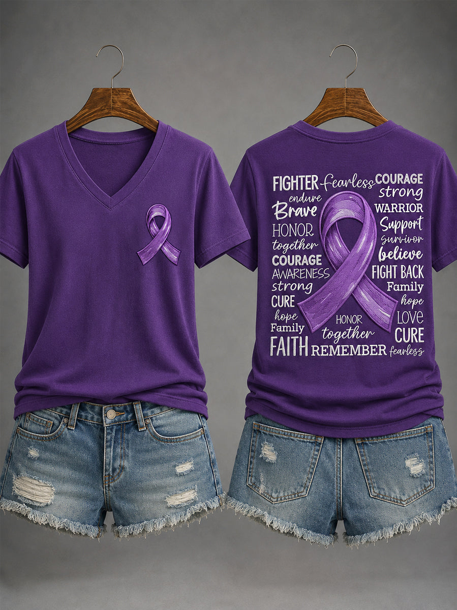 Women's Purple Ribbon Alzheimer's Awareness Support V-Neck Tee gracestitchs
