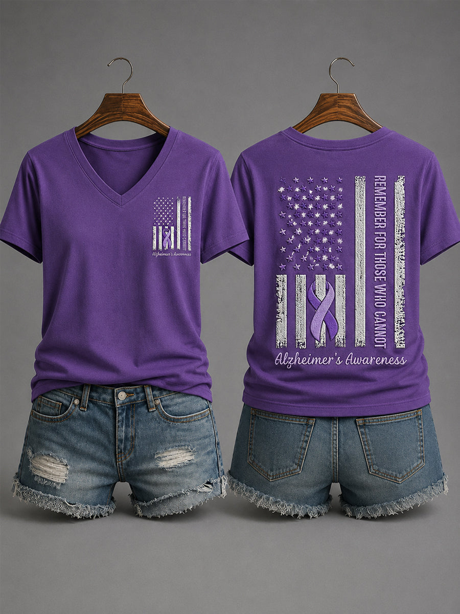 Women's Purple Ribbon Remember For Those Who Cannot USA Flag Print Alzheimer's Awareness Support V-Neck Tee gracestitchs