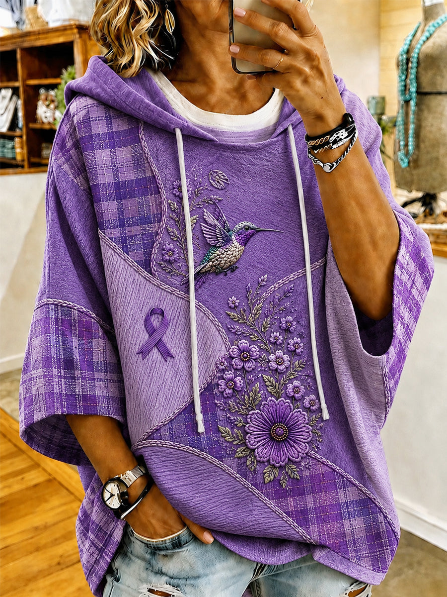Women's Purple Floral & Hummingbird Print Alzheimer's Awareness Support Short-Sleeve Hoodie gracestitchs