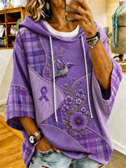Women's Purple Floral & Hummingbird Print Alzheimer's Awareness Support Short-Sleeve Hoodie gracestitchs