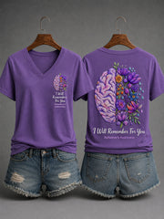 Women's Purple Ribbon I Will Remember For You Alzheimer's Awareness Support V-Neck Tee gracestitchs