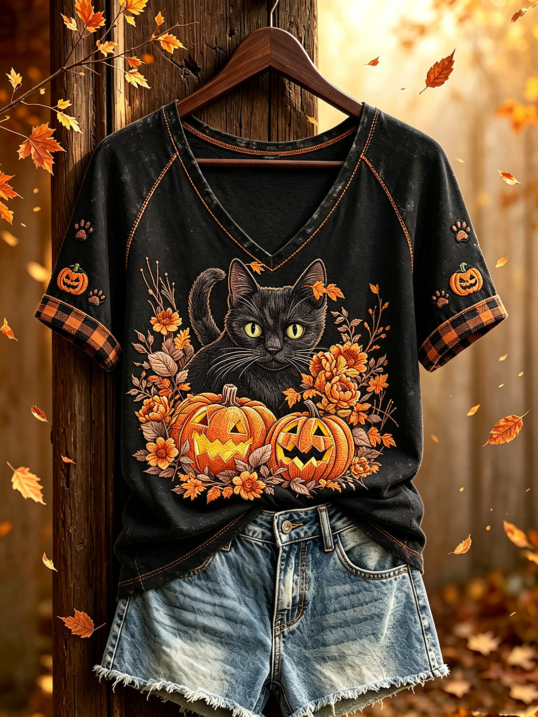 Women's Fall Halloween Cute Animal Pattern Printed Casual Short Sleeve T-Shirt gracestitchs
