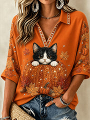 Women's Fall Animal Print Mid-length Sleeves V-Neck T-Shirt gracestitchs